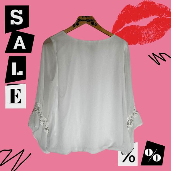 Women's AB Studio White Boho Chic Bubble hem Bell Sleeve Top L - Picture 13 of 13